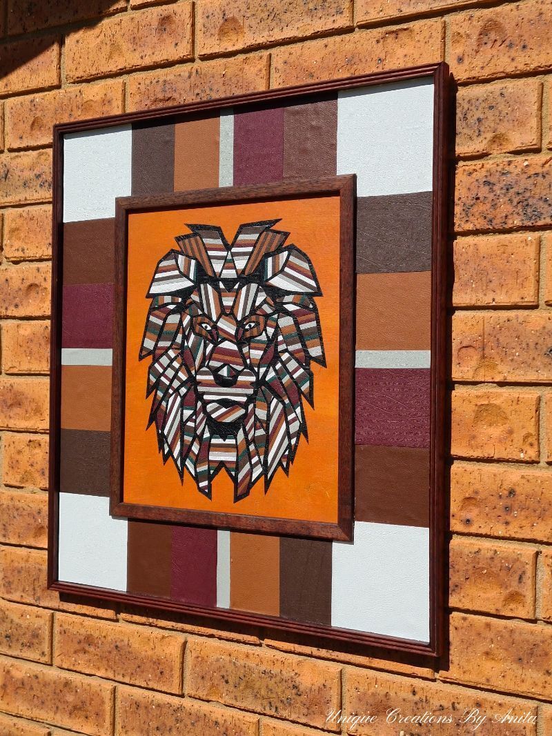 Geometric lion wall art made from scraps of leather