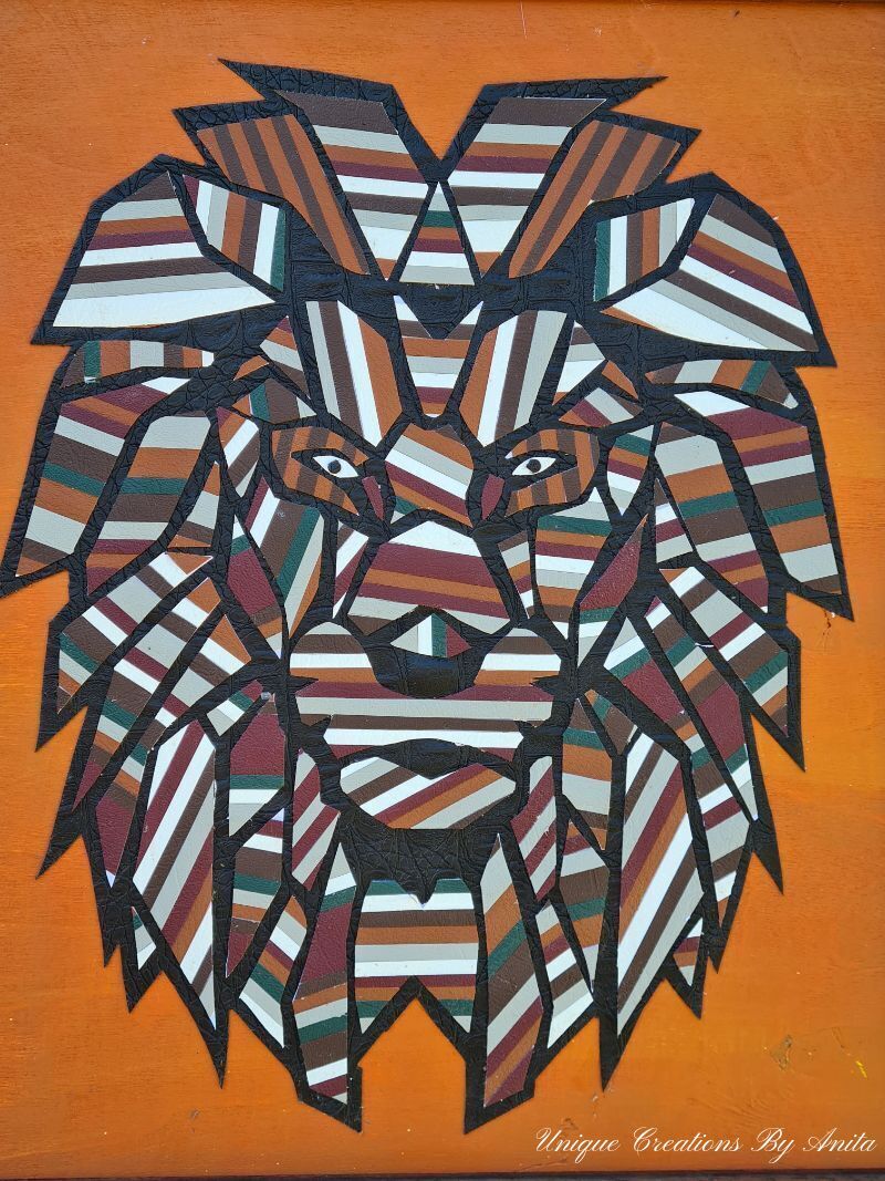 Geometric lion wall art made from scraps of leather