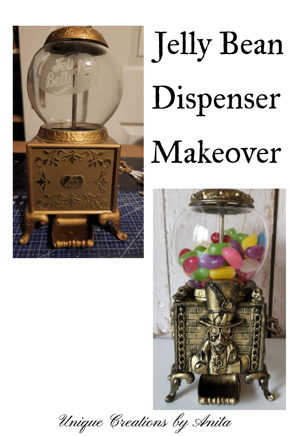 Old jelly bean dispenser gets a steampunk mixed media art makeover.