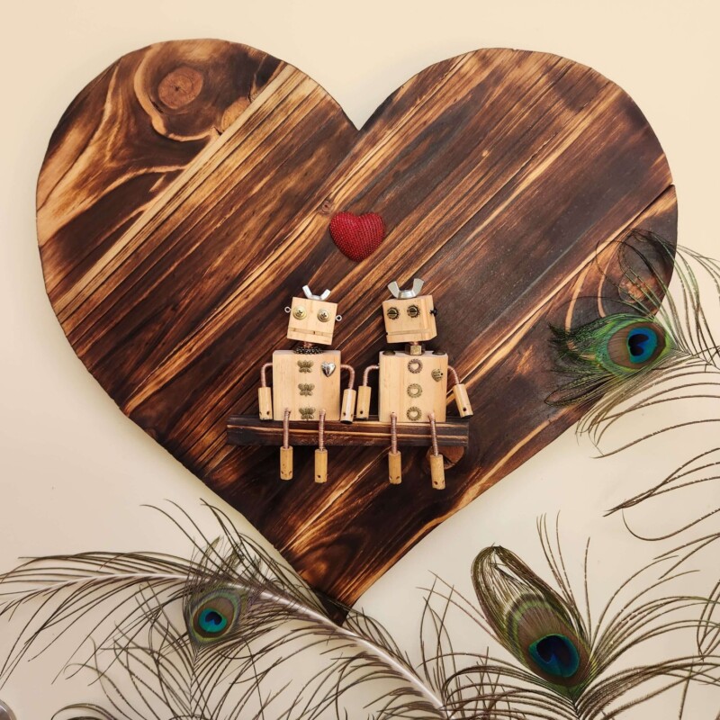 Pallet wood heart wall art with wooden robots