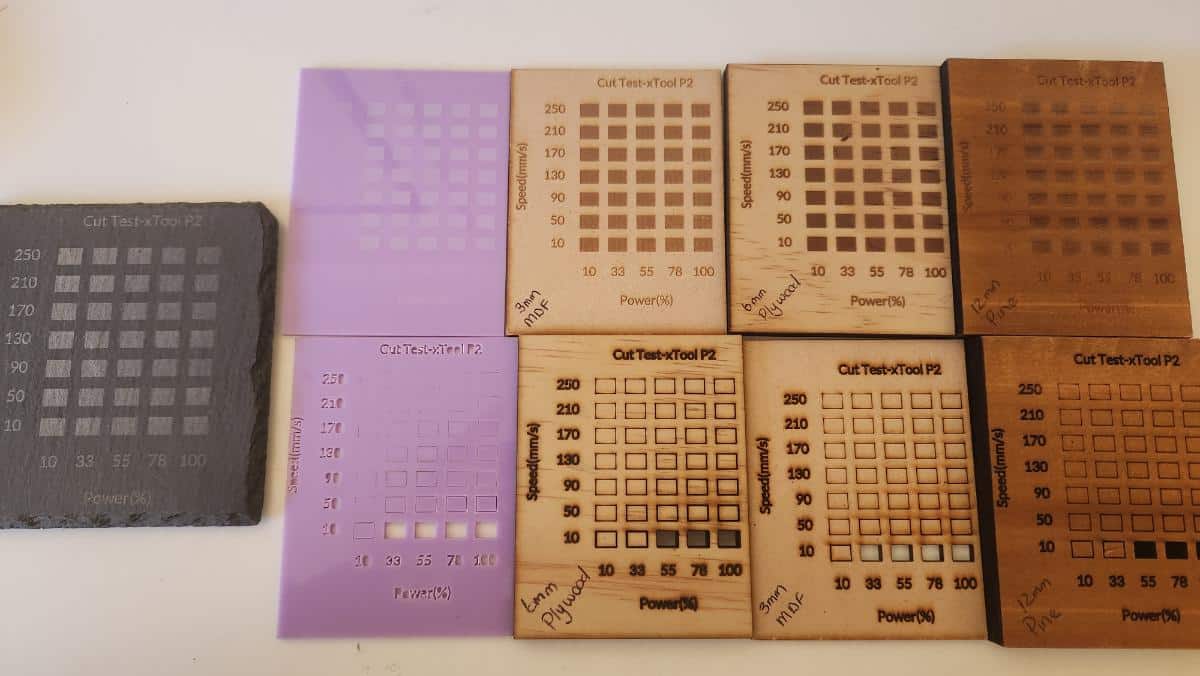 xTool P2 material test card showing cut and engraving settings on wood