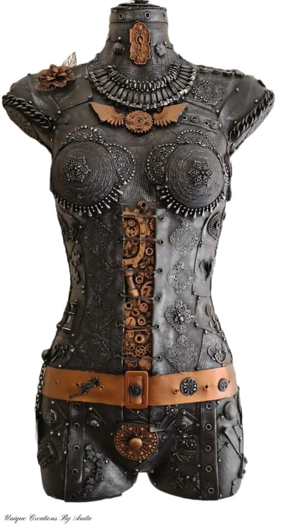 completed assemblage mannequin hanging on the wall