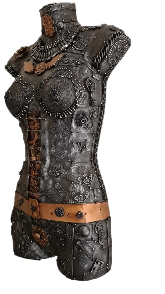 Completed steampunk mannequin assemblage left side
