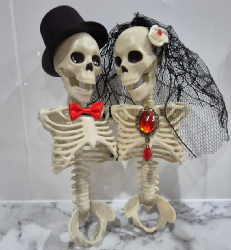 Broken skeletons posed as bride and groom