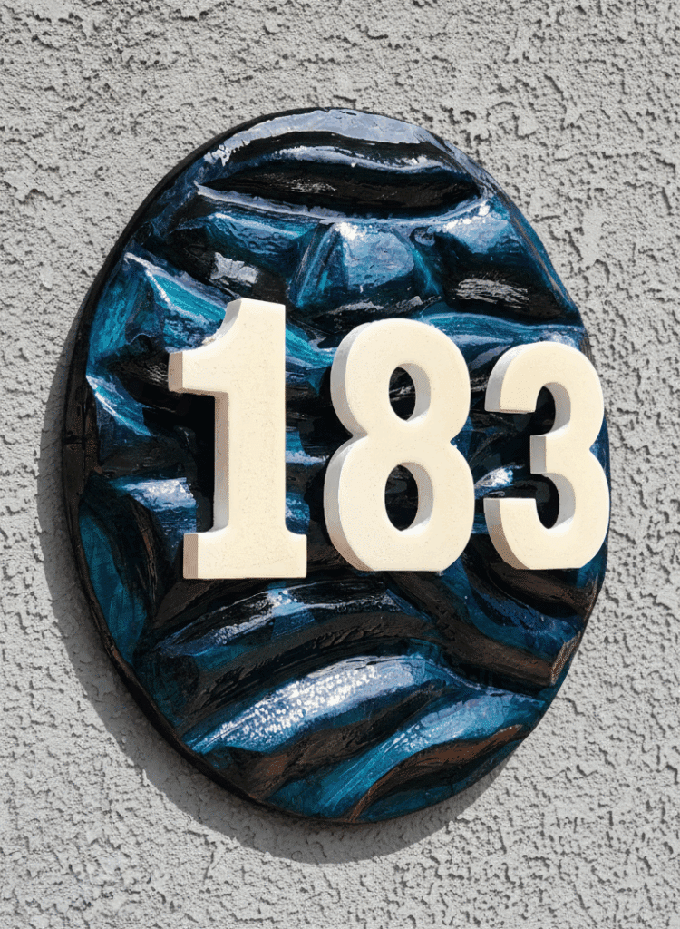 side view of completed textured house number